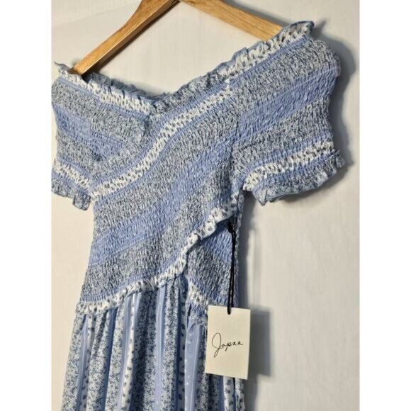 Sweet Japna Surplice Smocked Wide Leg Jumpsuit Size Small Blue White NWT - Picture 4 of 7